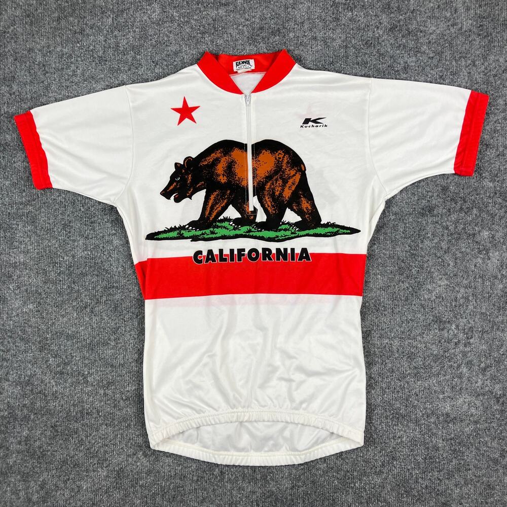 Kucharik Cycling Jersey Mens Size M White Red California Bear Graphic Vintage